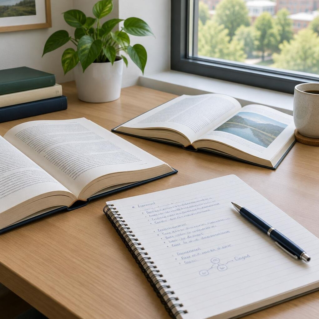 Open books and notes on a desk