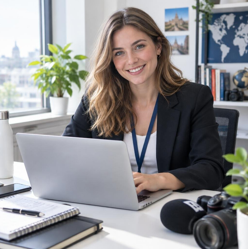Young woman journalist working on a laptop in a bright workspace