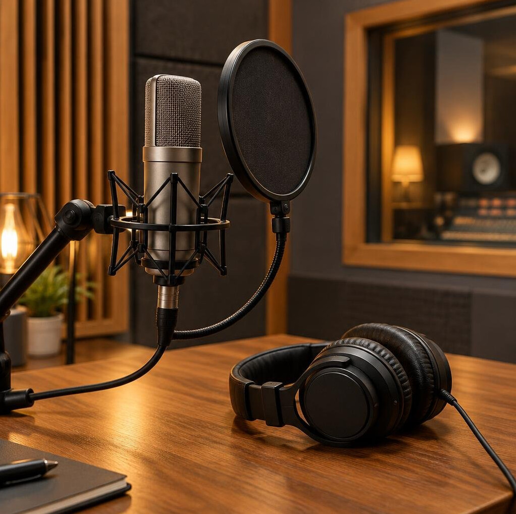 Studio microphone with headphones in a recording room