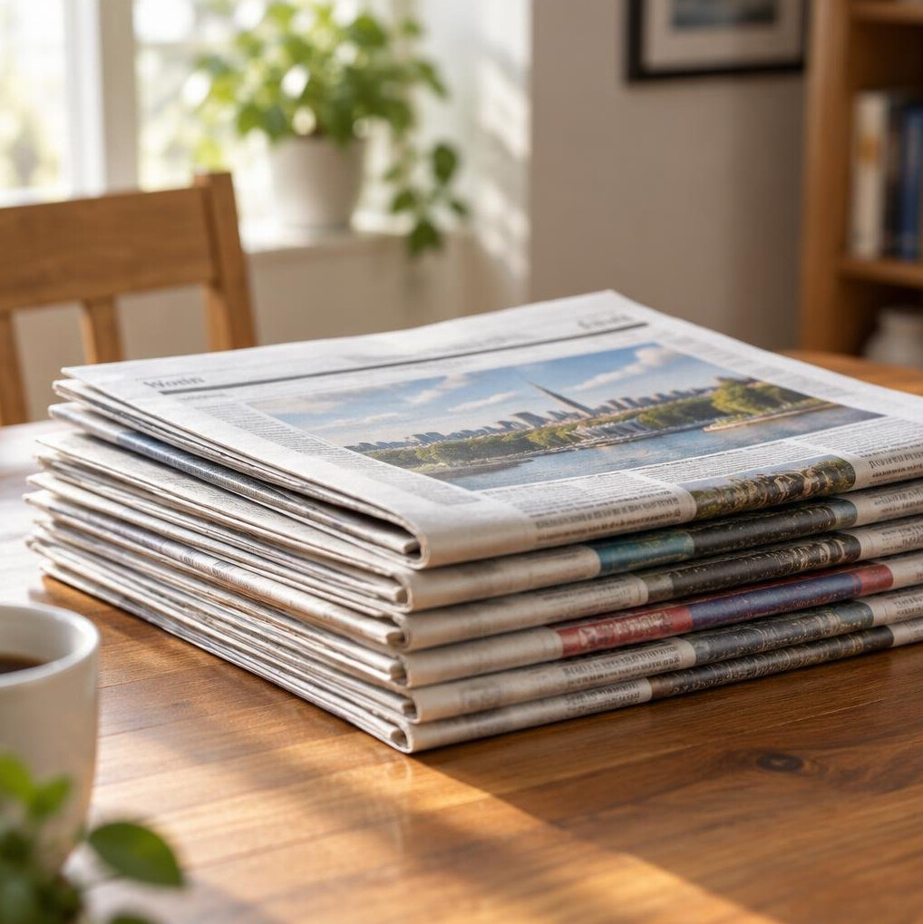 Stack of newspapers on a table